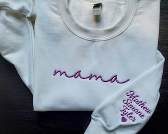 Custom Embroidered Mama Sweatshirt: Personalized Kids Names Sleeve
