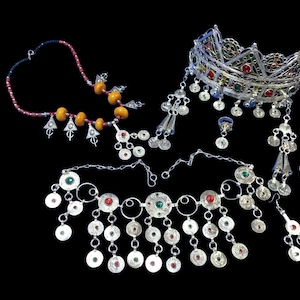 Äkta Amazigh Silversmyckeset Handgjort Marockanskt Berberiskt Bröllopsset Traditionellt Tribal Boho Halsband Örhängen Krona Tiznit Hantverksgåva