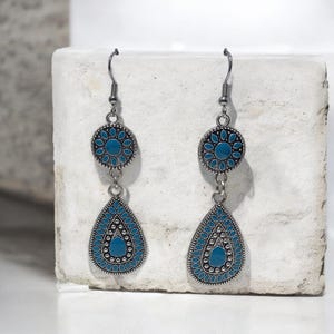 Turquoise Berber Earrings Handmade | Moroccan Silver Plated Drop Earrings
