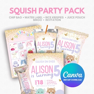 Peut inclure: Un pack de fête imprimable rose et or pour un 5ème anniversaire. Le pack comprend un sac de chips, une étiquette d'eau, une boîte de Rice Krispies, une poche de jus, une carte de bingo et une invitation. L'invitation dit "Squish on over Alison is turning 5".