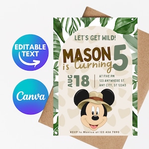 Safari Birthday Invitation, Mickey Safari Invitation, Jungle Invitation, Editable Digital Invitation