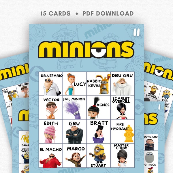 Minions Bingo, Minions verjaardagsfeestje, Minions verjaardagsfeestje spelletjes, 15 Bingo Minion spelkaarten