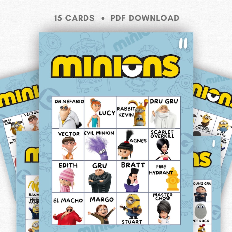 Bingo de Minions, fiesta de cumpleaños de Minions, juegos de fiesta de cumpleaños de Minions, 15 cartas de juego de Bingo Minion imagen 1