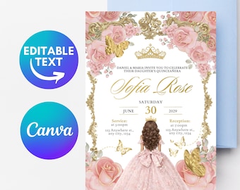 Pink and Gold Quinceañera Invitation Editable Template (English and Spanish)