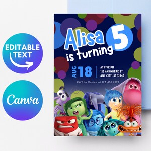 May include: A blue and purple birthday invitation with a colorful background of circles. The invitation says "Alisa is turning 5" and features characters from the movie Inside Out. The date of the party is August 18th.