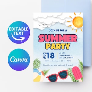 Op de afbeelding: Een blauwe en witte uitnodiging voor een zomerfeest met een gele zon, palmbomen, zonnebrillen, een strandbal en een ijslolly. De tekst luidt "Join us for a Summer Party" met de datum "Aug 18" en de tijd "At 5 PM".