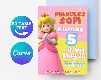 Invitación de la Princesa Peach, fiesta de cumpleaños de Mario Bros