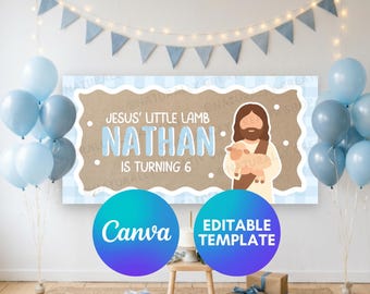 Mall för Jesus födelsedagsbanner, kristen redigerbar blå födelsedagsbanner