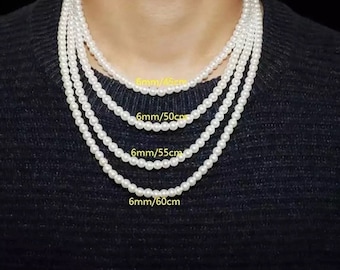 Collier de perles Hommes - Collier perles blanches imitations en acrylique - collier de perles blanches homme fermoir en acier inoxydables