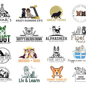 May include: A collection of 15 dog-themed logos, featuring various breeds, including corgis, terriers, and golden retrievers. The logos are designed in a variety of styles, from cartoonish to realistic, and include text such as "Frank's Tiki Shack", "Krazy Running K9's", and "Floof n' Pawz".