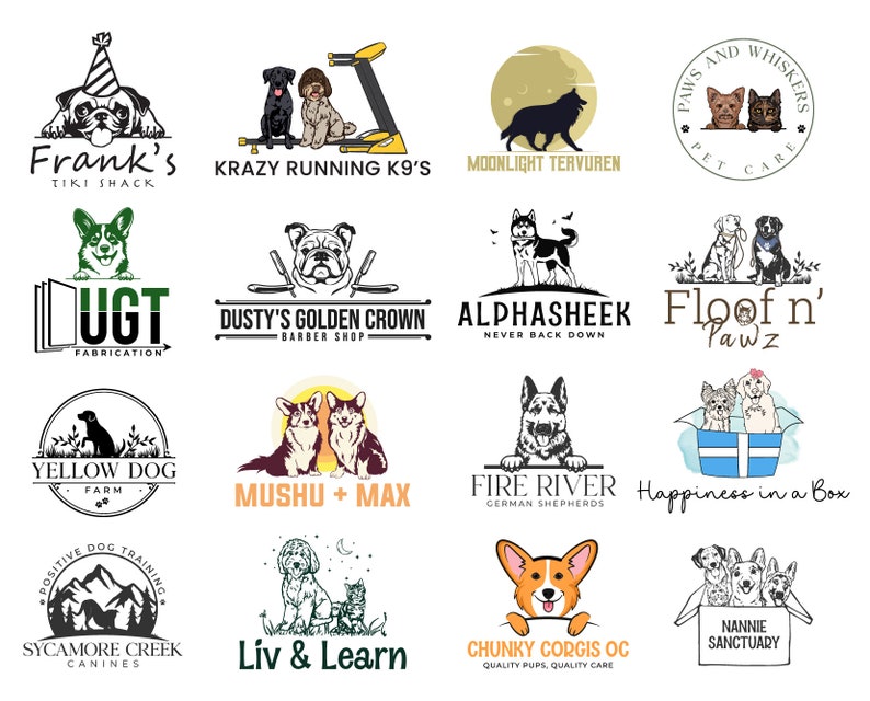 May include: A collection of 15 dog-themed logos, featuring various breeds, including corgis, terriers, and golden retrievers. The logos are designed in a variety of styles, from cartoonish to realistic, and include text such as "Frank's Tiki Shack", "Krazy Running K9's", and "Floof n' Pawz".