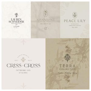 Könnte beinhalten: Eine Sammlung von fünf verschiedenen Markenlogos in einem Raster. Die Logos zeigen botanische Illustrationen, Serifenschriften und Text, darunter Lauren Schneider, Aleukaissance, Peace Lily, Criss + Cross und Terra Collective auf neutralen Hintergründen.