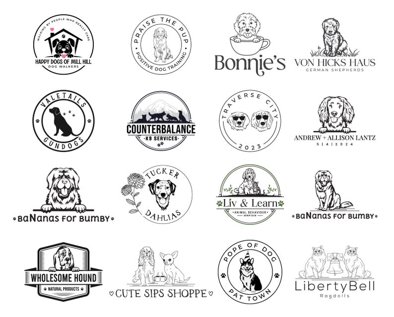 May include: A collection of 12 black and white logos featuring dogs and other animals. The logos are for various businesses, including dog walking, dog training, pet services, and more.