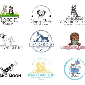 May include: A collection of nine dog-themed logos. The logos feature various breeds of dogs, including a German Shepherd, a Bloodhound, a Golden Retriever, and a Poodle. The logos are designed in a variety of styles, including cartoon, realistic, and minimalist. The logos are all set against a white background.