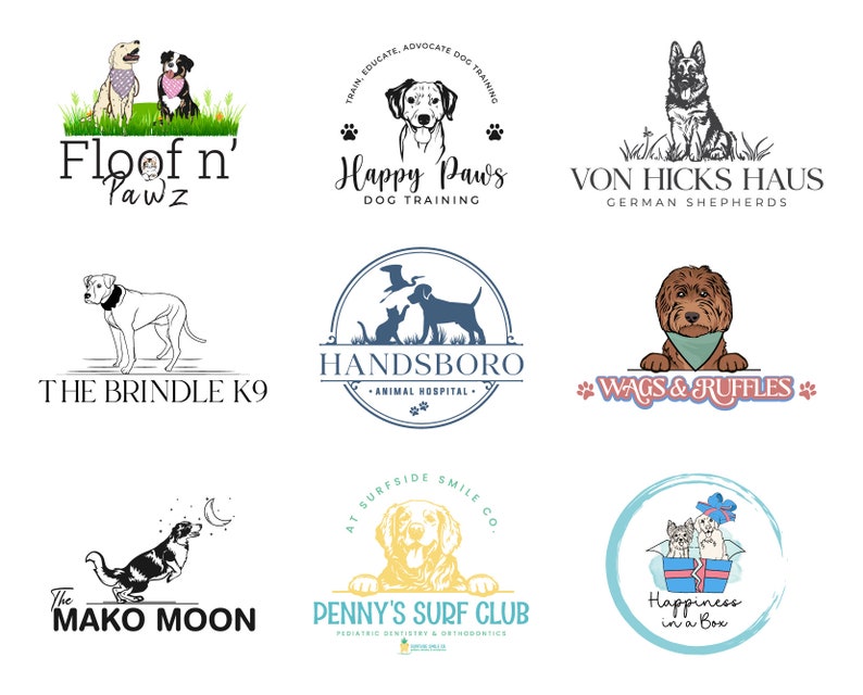 May include: A collection of nine dog-themed logos. The logos feature various breeds of dogs, including a German Shepherd, a Bloodhound, a Golden Retriever, and a Poodle. The logos are designed in a variety of styles, including cartoon, realistic, and minimalist. The logos are all set against a white background.