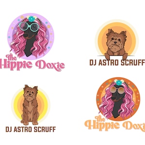 May include: Four logos featuring cartoon dogs. Two logos feature a dachshund with pink hair and sunglasses, wearing a flower crown. The text "The Hippie Doxie" is below the dog. The other two logos feature a brown Yorkshire Terrier. One logo has the text "DJ Astro Scruff" below the dog. The other logo has the dog peeking over a white bar with the text "DJ Astro Scruff" below.
