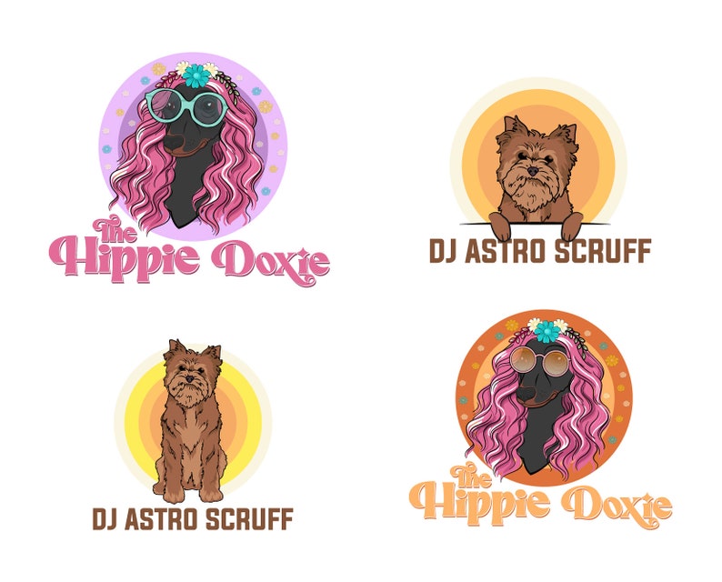 May include: Four logos featuring cartoon dogs. Two logos feature a dachshund with pink hair and sunglasses, wearing a flower crown. The text "The Hippie Doxie" is below the dog. The other two logos feature a brown Yorkshire Terrier. One logo has the text "DJ Astro Scruff" below the dog. The other logo has the dog peeking over a white bar with the text "DJ Astro Scruff" below.