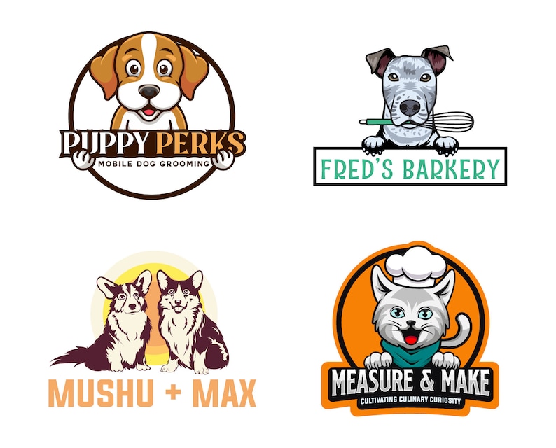 May include: Four different logos for pet businesses. The first logo is a brown and white puppy with the text "Puppy Perks Mobile Dog Grooming". The second logo is a gray and white dog with the text "Fred's Barkery". The third logo is two brown and white corgis with the text "Mushu + Max". The fourth logo is a white cat wearing a chef's hat with the text "Measure & Make Cultivating Culinary Curiosity".