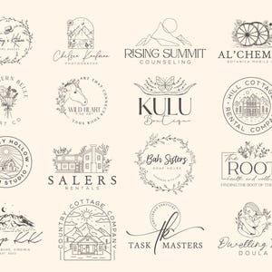 May include: A collection of 16 minimalist logo designs in a neutral color palette. The logos feature various illustrations, including floral wreaths, mountains, houses, and a horse. Text elements include business names and taglines.
