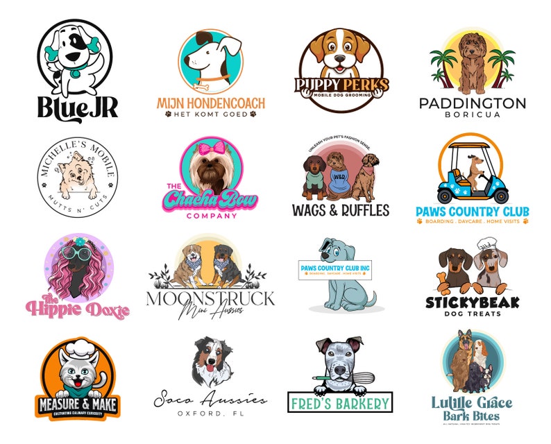 May include: A collection of 15 colorful logos for dog-related businesses. The logos feature cartoon dogs, cats, and other pet-related imagery. Some logos include text such as "Puppy Perks", "Wags & Ruffles", and "Fred's Barkery".