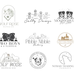 May include: A collection of nine dog-themed logos, each featuring a unique design and text. The logos include names like "Wolf Rose Remedies", "Salty Dawgs", "Moonstruck Mini Aussies", "Two Boys & A Pumpkin", "Pibble Nibble Bakery", "Clarity Dog Training", "Fluffers Pet Grooming", and "Nomad Trading Co Embrace".