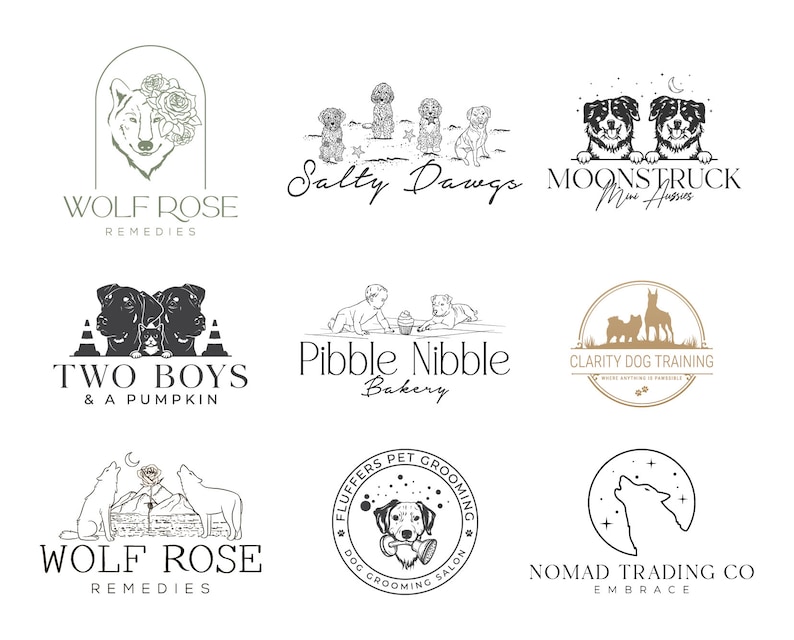 May include: A collection of nine dog-themed logos, each featuring a unique design and text. The logos include names like "Wolf Rose Remedies", "Salty Dawgs", "Moonstruck Mini Aussies", "Two Boys & A Pumpkin", "Pibble Nibble Bakery", "Clarity Dog Training", "Fluffers Pet Grooming", and "Nomad Trading Co Embrace".