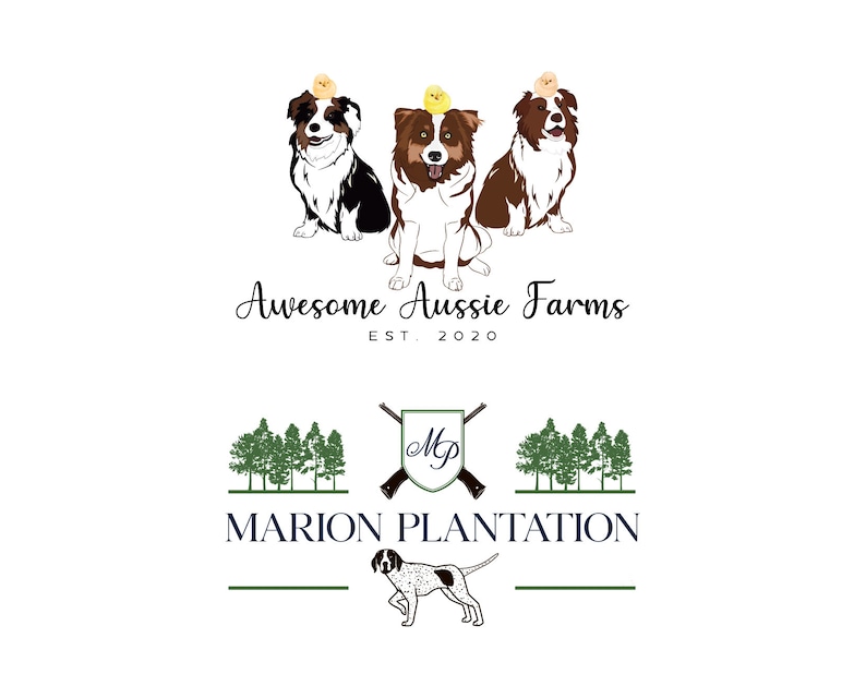May include: Logo for Awesome Aussie Farms, est. 2020, featuring three Australian Shepherd dogs with yellow chicks on their heads. Below the logo is a second logo for Marion Plantation, featuring a hunting dog and crossed rifles.