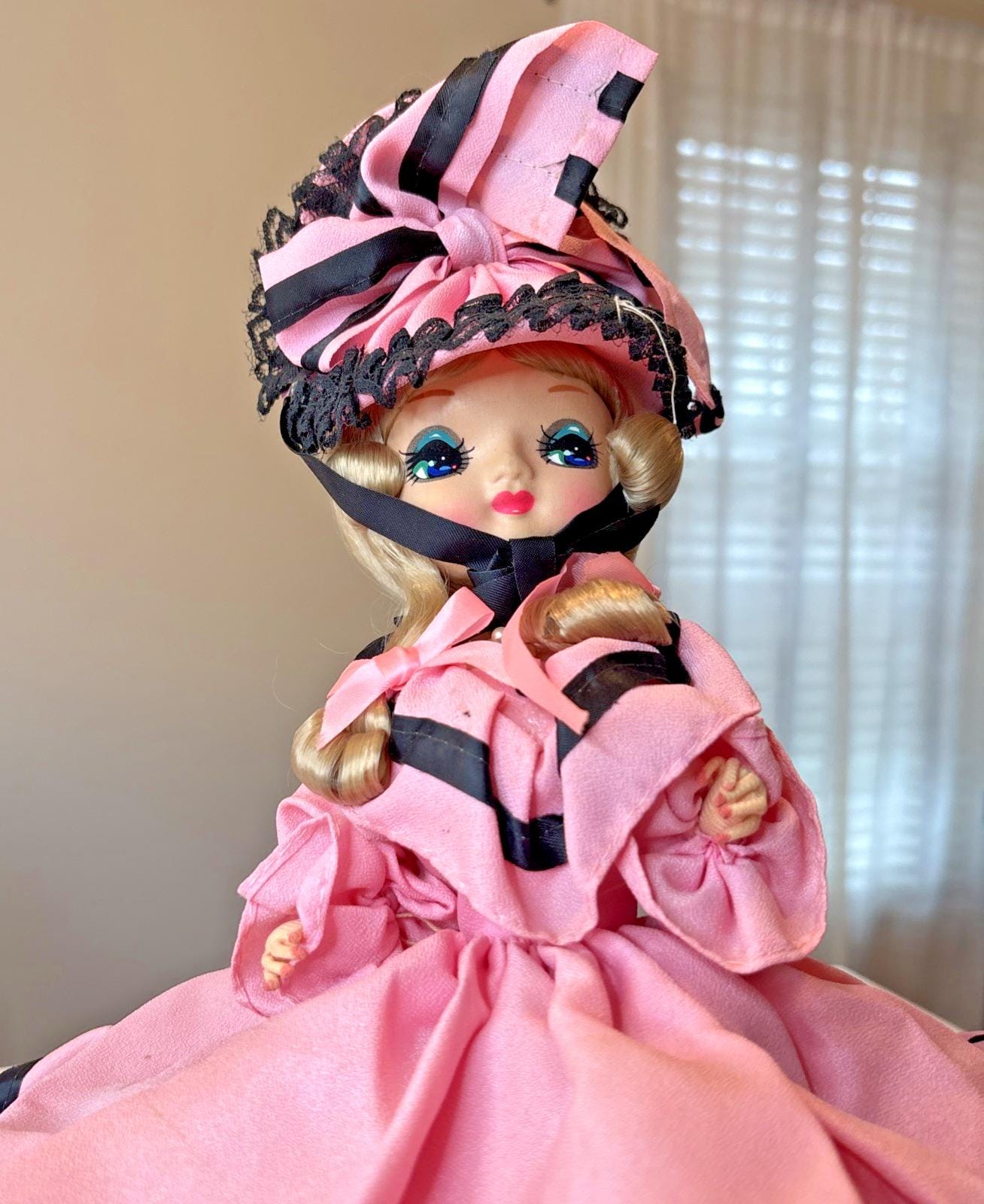 Vintage Bradley Pose Doll Big Eye Pink Black Southern Belle Dress 