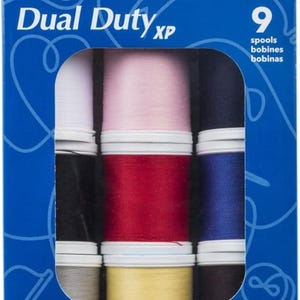 May include: A package of nine spools of Coats Dual Duty XP all-purpose thread in various colors. The package includes 125 yards of thread per spool. The box is blue with white and red text.