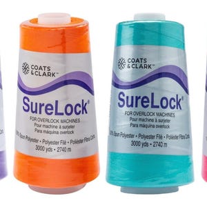 May include: Four spools of SureLock thread in purple, orange, teal, and pink. Each spool has a white label with the brand name and text for overlock machines. Each spool contains 3000 yards of thread.