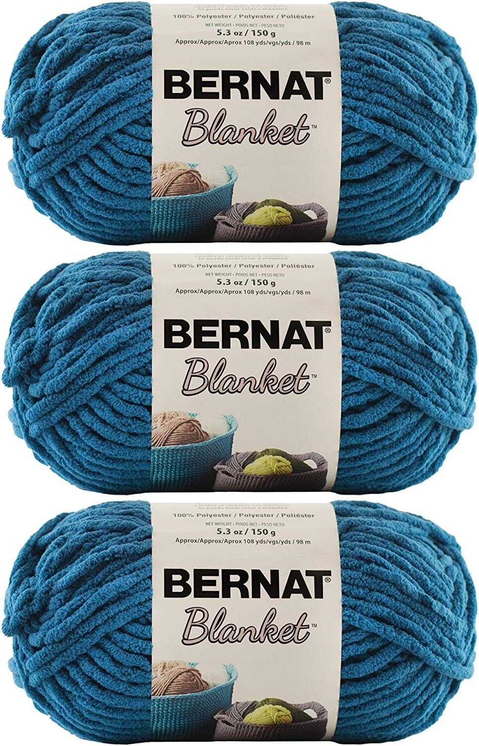 Super Bulky #6 3-Pack Royal Blue Bulk Buy: Bernat Blanket Yarn 5.3 Ounce 108 Yards Per Skein Solids and Ombres 