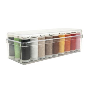 May include: A clear plastic container filled with spools of thread in various colors. The thread spools are labeled "Threadsmith" and "100% cotton". Colors include gray, green, black, white, tan, brown, yellow, orange, red, and pink.