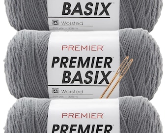 Premier Basix Worsted Weight Yarn – 3 Pack with Tapestry Needles, Soft Acrylic #4 Medium Yarn for Knitting & Crochet