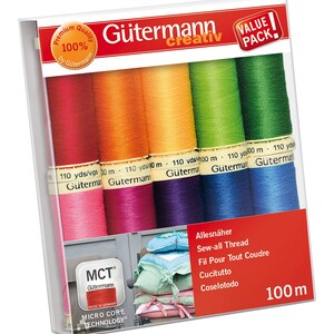 May include: A pack of eight spools of Gütermann Creativ sewing thread in a rainbow of colors. The spools are labeled with the brand name and the length of the thread, 110 yards. The pack also includes the text "Value Pack" and "100m".