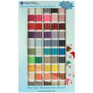May include: A package of 50 spools of Dual Duty XP general purpose sewing thread in various colors. The spools are arranged vertically in a box, with a variety of colors including pink, red, purple, blue, green, yellow, and brown. The text "The 'Xtra' Performance Thread" is visible.