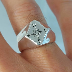 Kompas-zegelring voor heren • Sterlingzilveren nautische handgemaakte sieraden • Geometrisch ruitontwerp