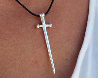 Sword Silver Necklace for Men • Handmade Solid 950 Warrior Pendant Long Drop With Cord