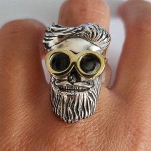 Bearded Skull Ring, Cool Ring, Biker, Rock, Gothic, Brutalist Ring, Men&#39;s Jewelry, Statement Ring, Sunglasses Skull Ring, 3D Skull Ring