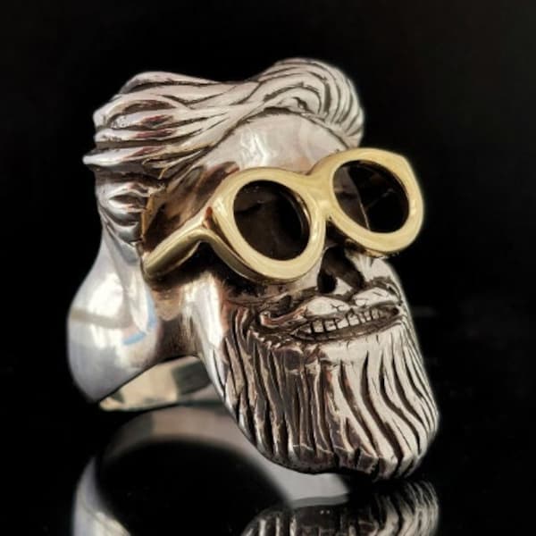 Bearded Skull Ring, Cool Ring, Biker, Rock, Gothic, Brutalist Ring, Men's Jewelry, Statement Ring, Sunglasses Skull Ring, 3D Skull Ring