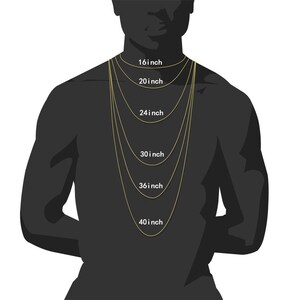 Puede incluir: Una silueta de una persona que lleva una cadena de oro con diferentes longitudes marcadas en pulgadas: 16 pulgadas, 20 pulgadas, 24 pulgadas, 30 pulgadas, 36 pulgadas y 40 pulgadas.