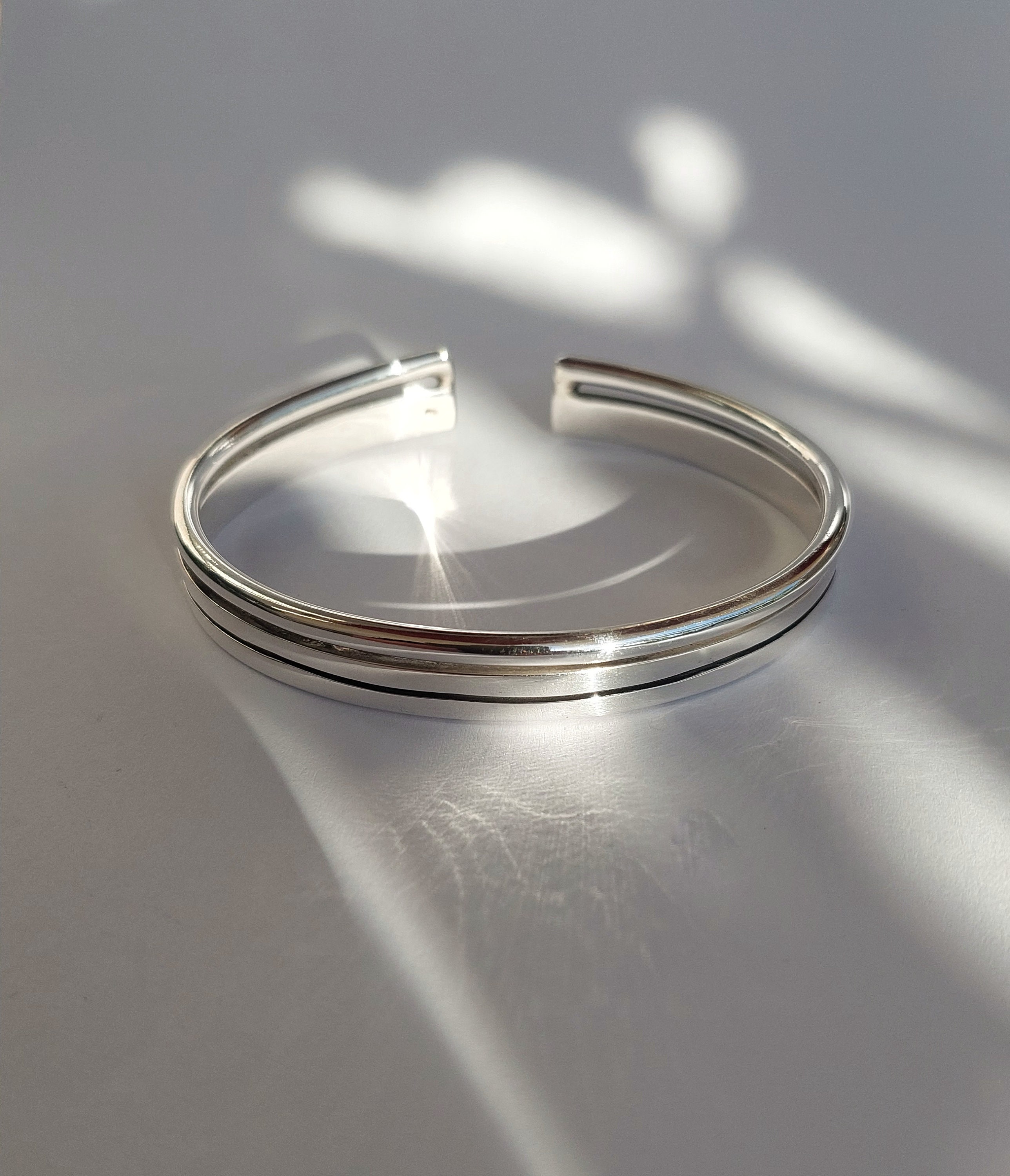 Chunky Wide Cuff Bracelet in Solid 950 Silver • Double Adjustable 