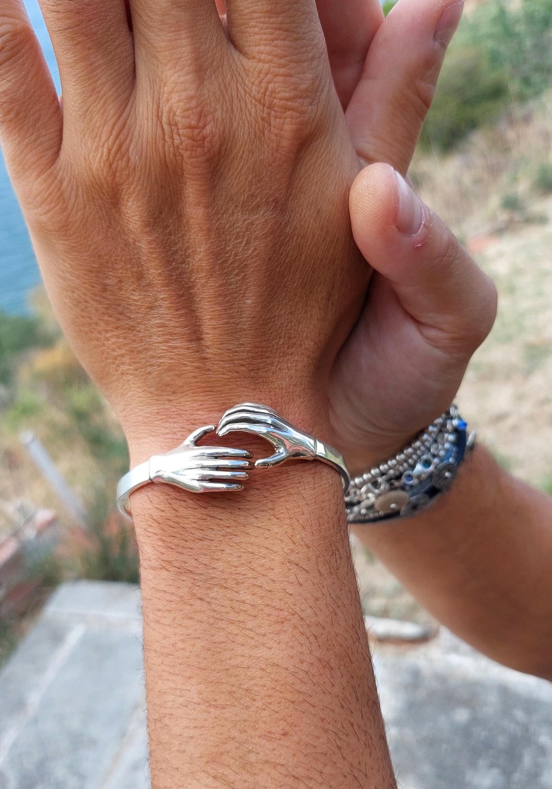 Sterling Silver Hugging Hands Cuff Bracelet, Unisex Forever