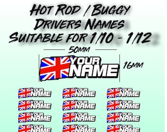 27 x RC Personalised Name Stickers 1/10 1/12 Buggy Touring car Hot Rod Stock Car Tamiya Mardave 50x16mm Decals