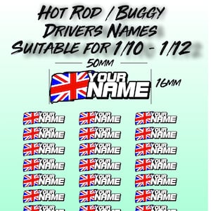 May include: 27 driver name decals with a Union Jack flag design. The decals are 50mm wide and 16mm tall. The text is white and the flag is red, white, and blue.