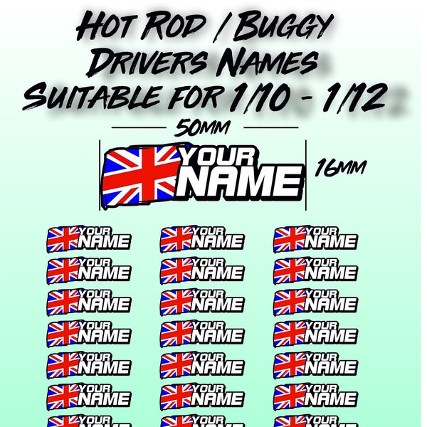 27 x RC gepersonaliseerde naamstickers 1/10 1/12 Buggy toerwagen Hot Rod Stock Car Tamiya Mardave 50x16mm Decals