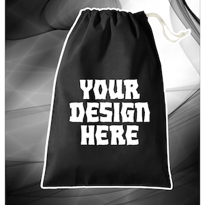 May include: Black drawstring bag with white text that reads "YOUR DESIGN HERE". The bag is outlined in white and the words "DICE BAGS" are in red at the bottom. The background is a grayscale abstract design.