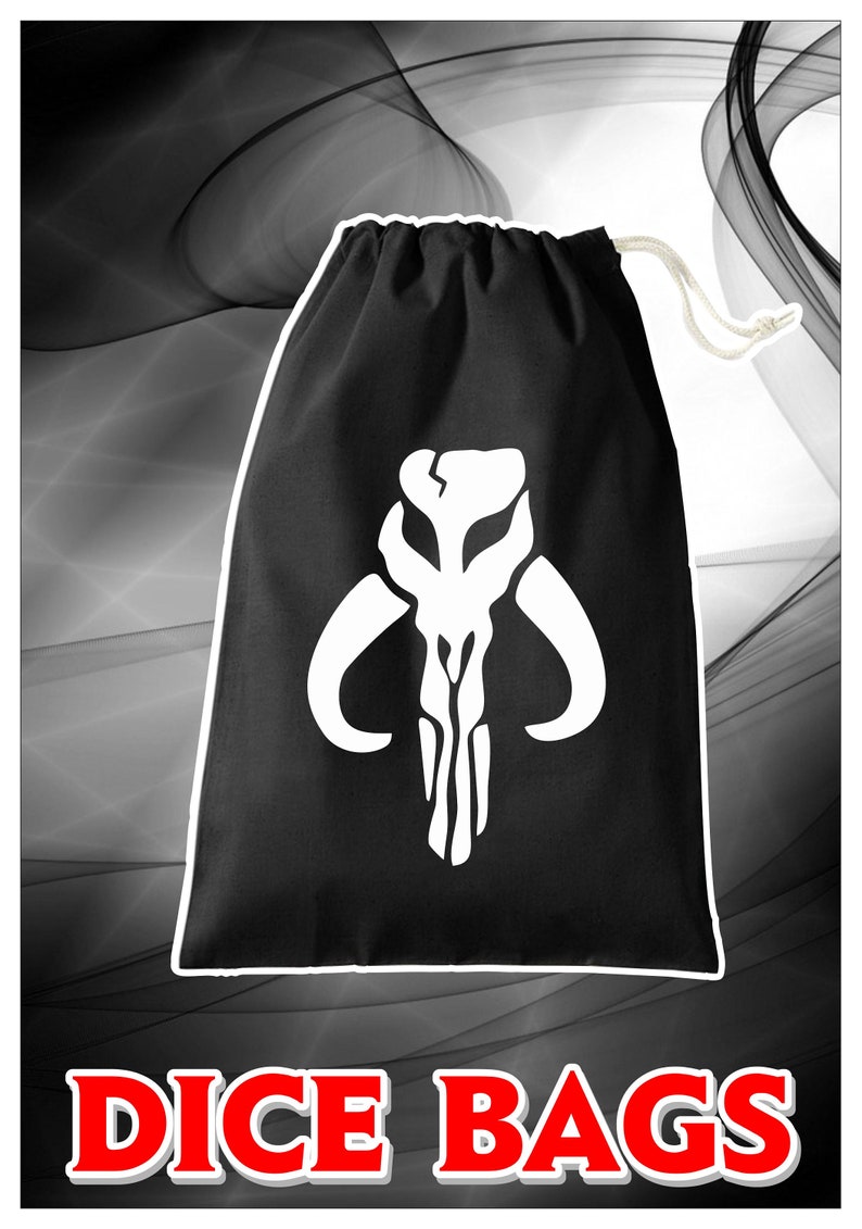 May include: Black drawstring dice bag with a white Mandalorian symbol. The bag is made of a soft, durable fabric and is perfect for storing and carrying dice.