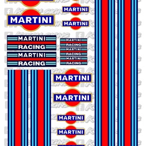 May include: A sheet of stickers featuring the Martini Racing logo in various sizes and configurations. The stickers include the Martini Racing logo in a circle, a rectangle, and a stripe pattern. The stickers are printed on white paper.