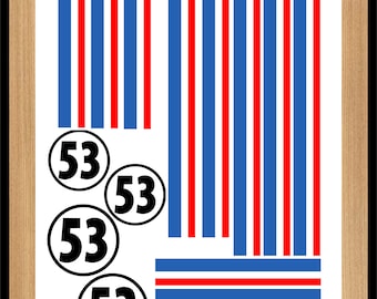 Herbie 53 Racing RC 1/12 1/10 A5 Filler Sheet Stickers Mardave Kamtec Tamiya Schumacher Touring Car Buggy Decals Slot Car Scalextric