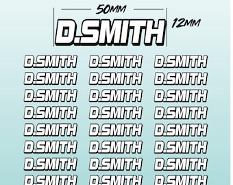 27 x RC Personalised Name Stickers 1/10 1/12 Buggy Touring car Hot Rod Stock Car Tamiya Mardave 50x16mm Decals